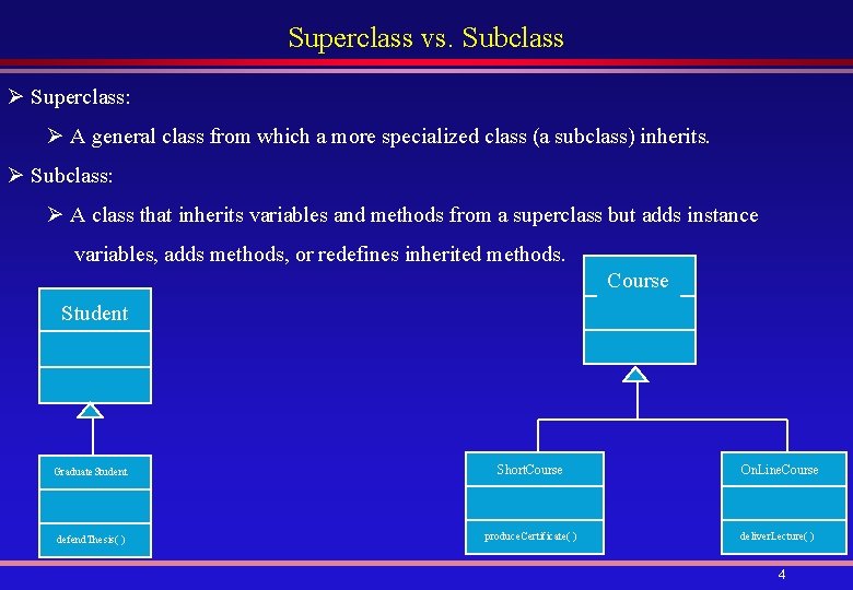 Superclass vs. Subclass Ø Superclass: Ø A general class from which a more specialized