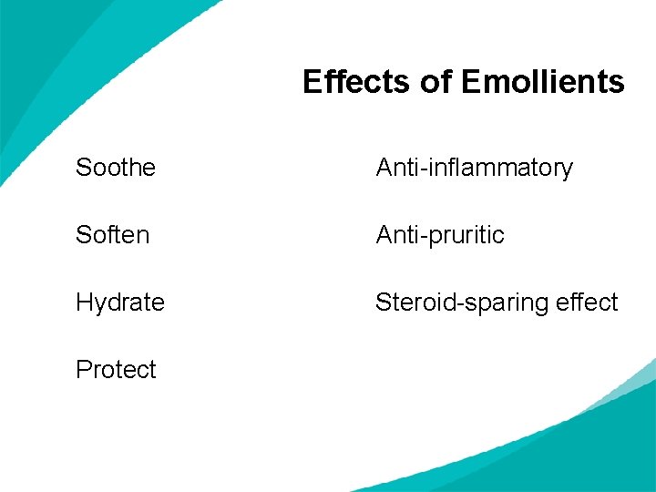 Effects of Emollients Soothe Anti-inflammatory Soften Anti-pruritic Hydrate Steroid-sparing effect Protect 