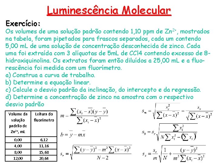 Luminescência Molecular Exercício: Os volumes de uma solução padrão contendo 1, 10 ppm de