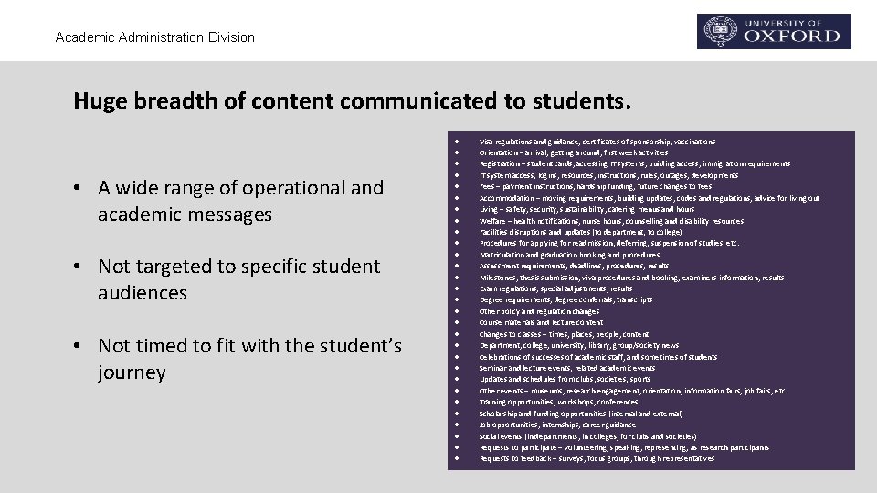 Academic Administration Division Huge breadth of content communicated to students. • A wide range Academic Administration Division Huge breadth of content communicated to students. • A wide range