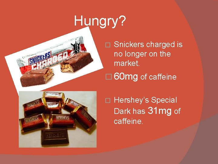 Hungry? � Snickers charged is no longer on the market. � 60 mg of