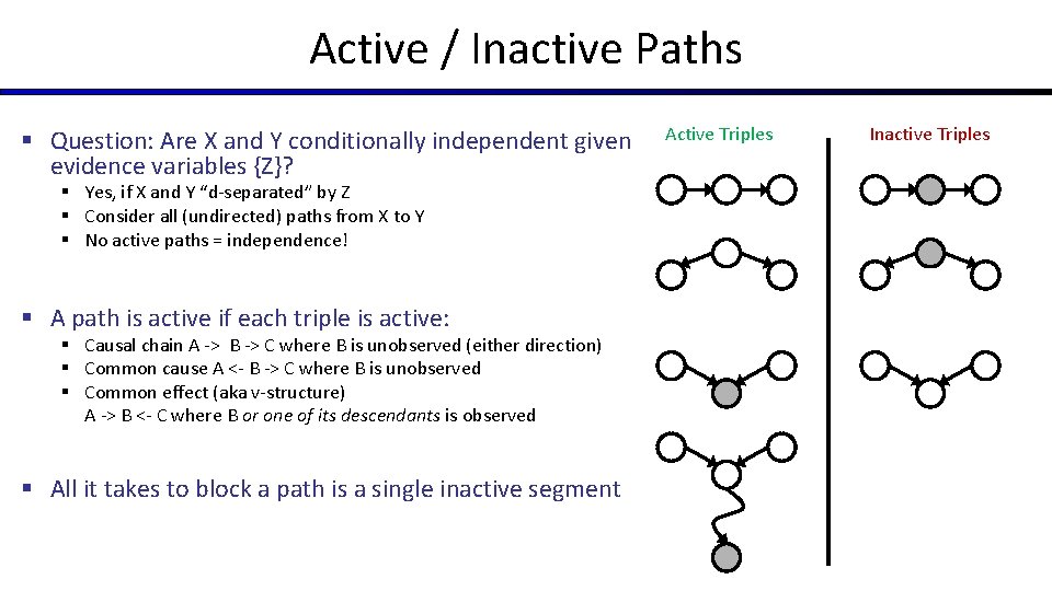 Active / Inactive Paths § Question: Are X and Y conditionally independent given evidence