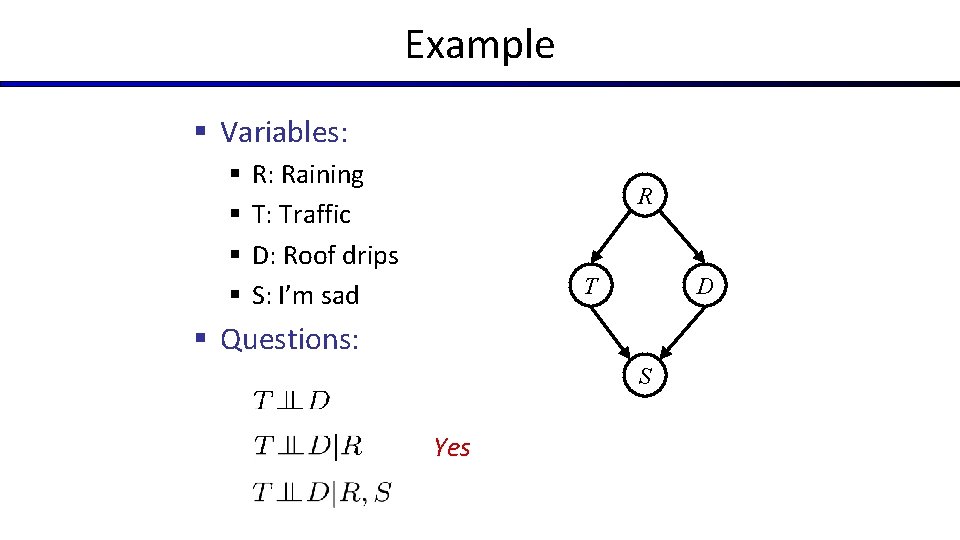 Example § Variables: § § R: Raining T: Traffic D: Roof drips S: I’m