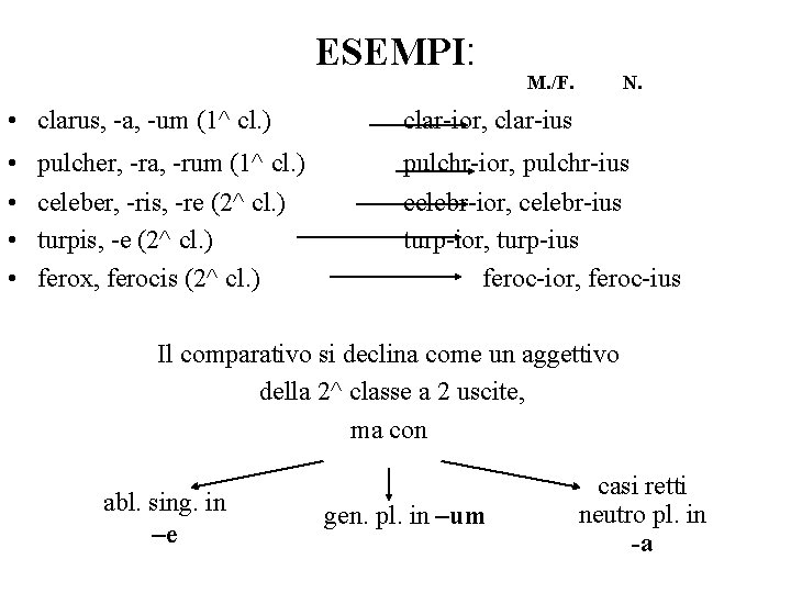 ESEMPI: M. /F. N. • clarus, -a, -um (1^ cl. ) clar-ior, clar-ius • ESEMPI: M. /F. N. • clarus, -a, -um (1^ cl. ) clar-ior, clar-ius •