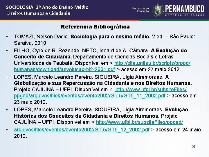 SOCIOLOGIA, 2º Ano do Ensino Médio Direitos Humanos e Cidadania Referência Bibliográfica • •