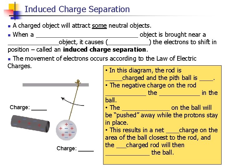 Induced Charge Separation A charged object will attract some neutral objects. n When a