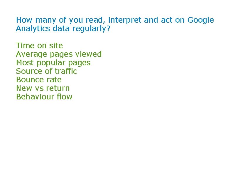 How many of you read, interpret and act on Google Analytics data regularly? Time