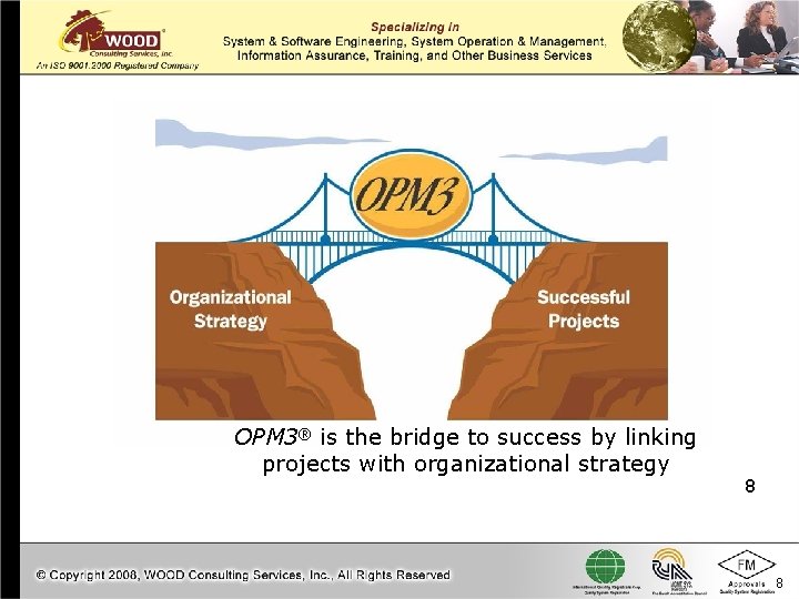 OPM 3® is the bridge to success by linking projects with organizational strategy 8