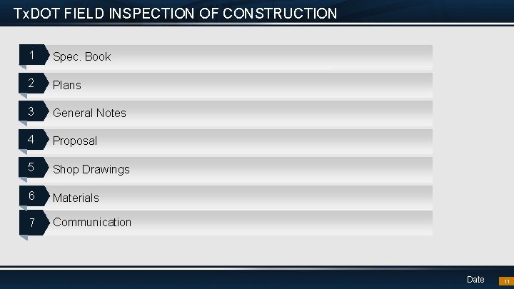 Tx. DOT FIELD INSPECTION OF CONSTRUCTION 1 Spec. Book 2 Plans 3 General Notes