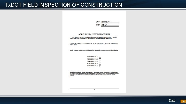 Tx. DOT FIELD INSPECTION OF CONSTRUCTION Date 18 