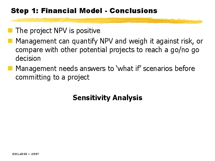 Step 1: Financial Model - Conclusions n The project NPV is positive n Management