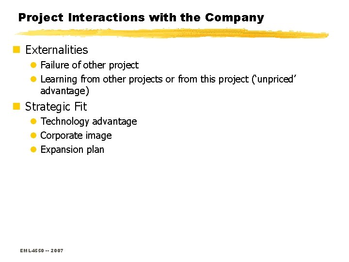 Project Interactions with the Company n Externalities l Failure of other project l Learning