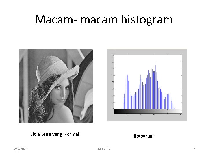 Macam- macam histogram Citra Lena yang Normal 12/3/2020 Histogram Materi 3 8 