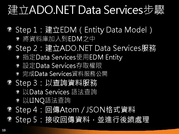 建立ADO. NET Data Services步驟 Step 1：建立EDM（Entity Data Model） 將資料庫加入到EDM之中 Step 2：建立ADO. NET Data Services服務