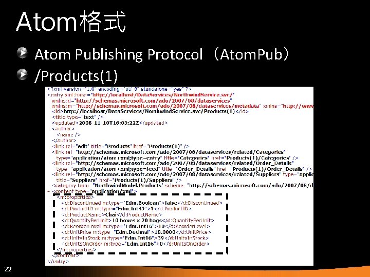 Atom格式 Atom Publishing Protocol（Atom. Pub） /Products(1) 22 