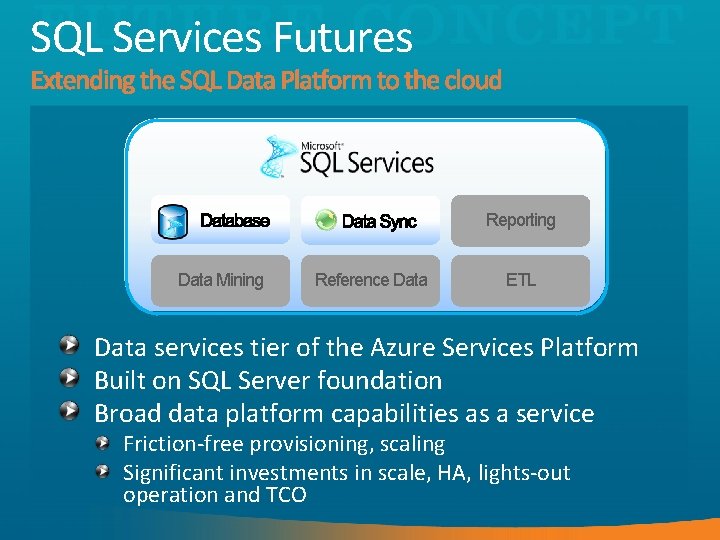 SQL Services Futures Reporting Data Mining Reference Data ETL Data services tier of the