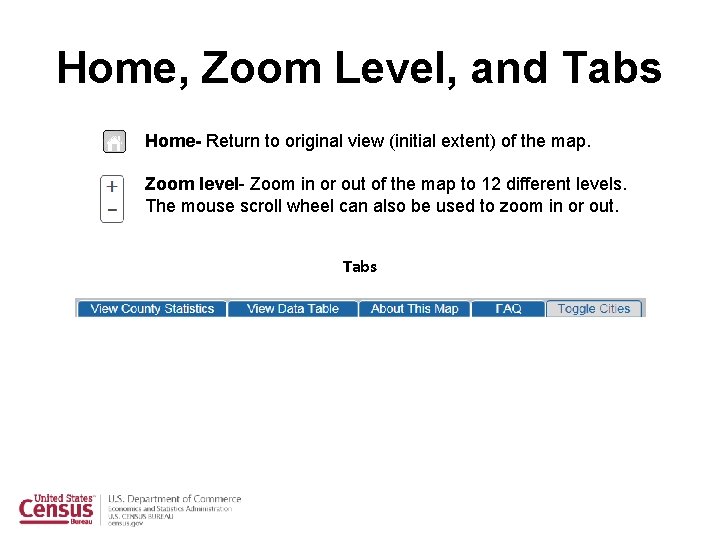 Home, Zoom Level, and Tabs Home- Return to original view (initial extent) of the