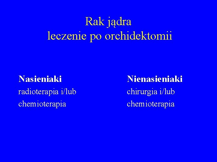 Rak jądra leczenie po orchidektomii Nasieniaki Nienasieniaki radioterapia i/lub chemioterapia chirurgia i/lub chemioterapia 