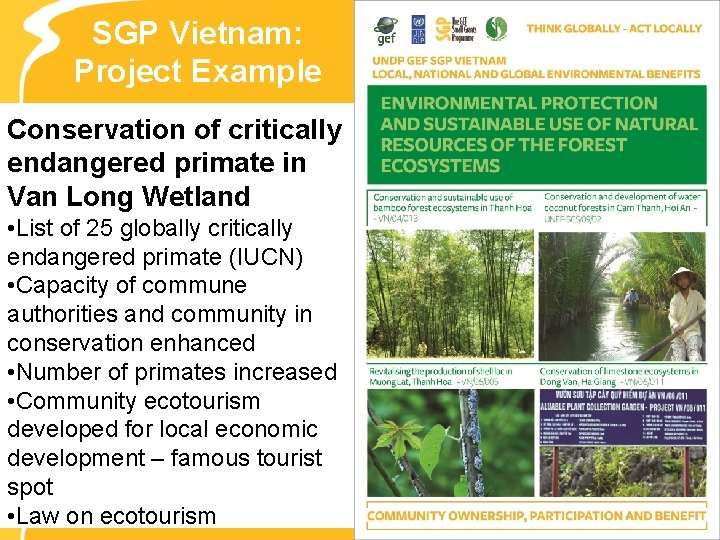 SGP Vietnam: Project Example Conservation of critically endangered primate in Van Long Wetland •