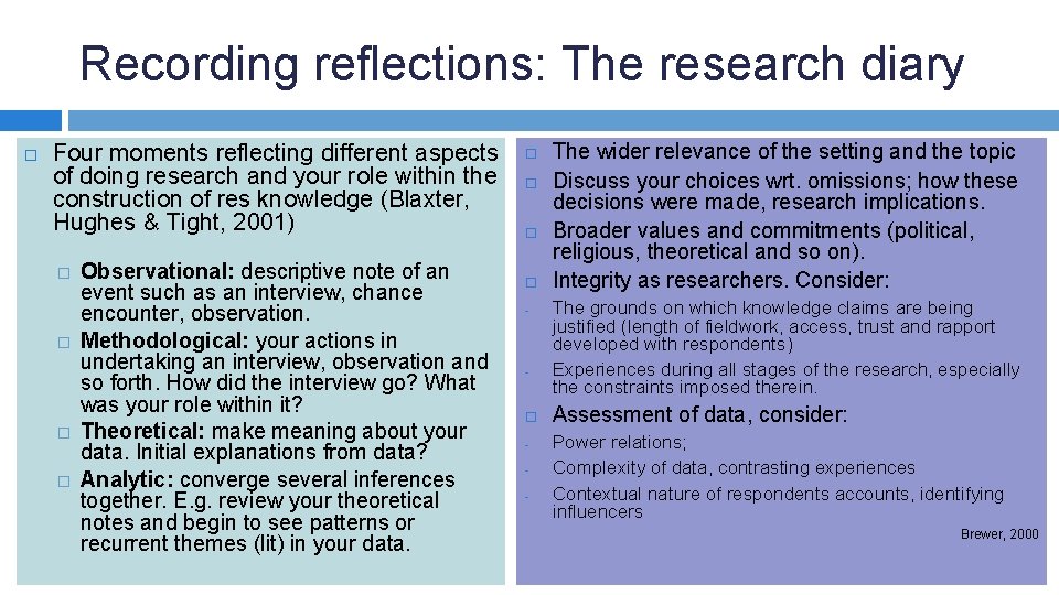 Recording reflections: The research diary Four moments reflecting different aspects of doing research and