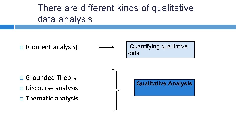 There are different kinds of qualitative data-analysis (Content analysis) Grounded Theory Discourse analysis Thematic