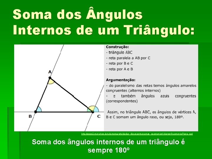 Soma dos ngulos Internos de um Triângulo: http: //www 2. mat. ufrgs. br/edumatec/atividades_diversas/teoremas_geometria/Objetos/Geometria. Plana. Soma dos ngulos Internos de um Triângulo: http: //www 2. mat. ufrgs. br/edumatec/atividades_diversas/teoremas_geometria/Objetos/Geometria. Plana.
