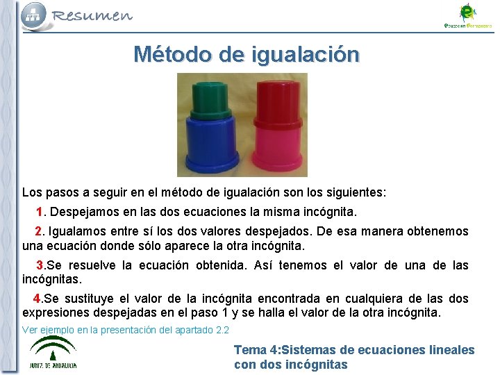 Método de igualación Los pasos a seguir en el método de igualación son los