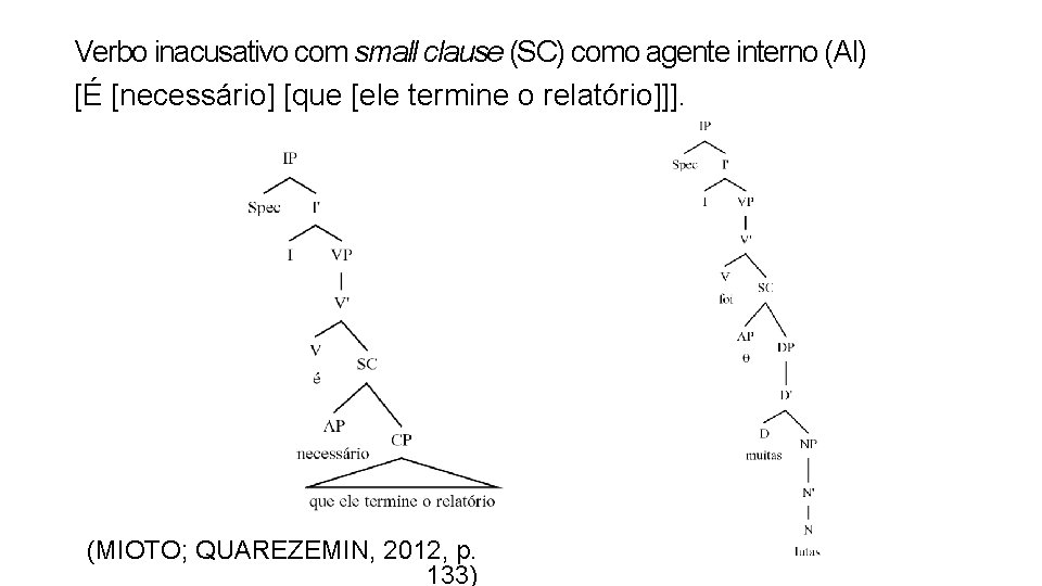 Verbo inacusativo com small clause (SC) como agente interno (AI) [É [necessário] [que [ele