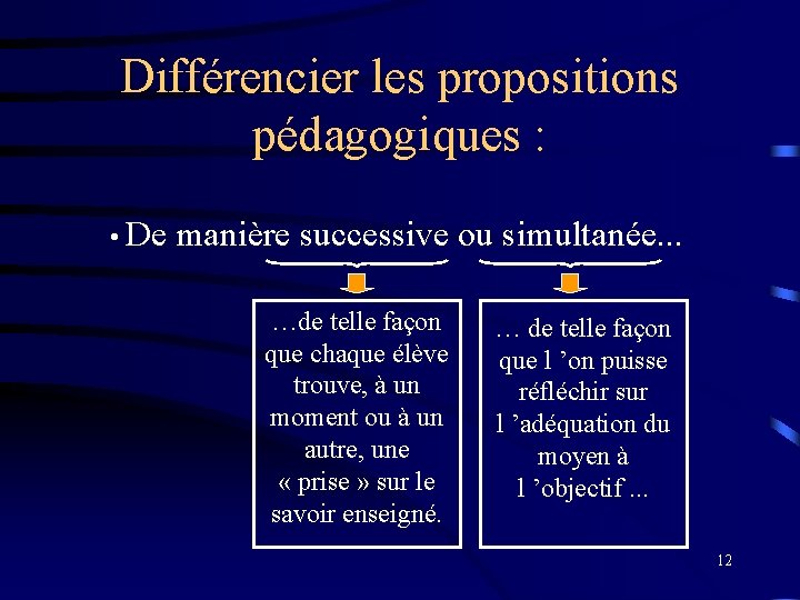 Différencier les propositions pédagogiques : • De manière successive ou simultanée. . . …de