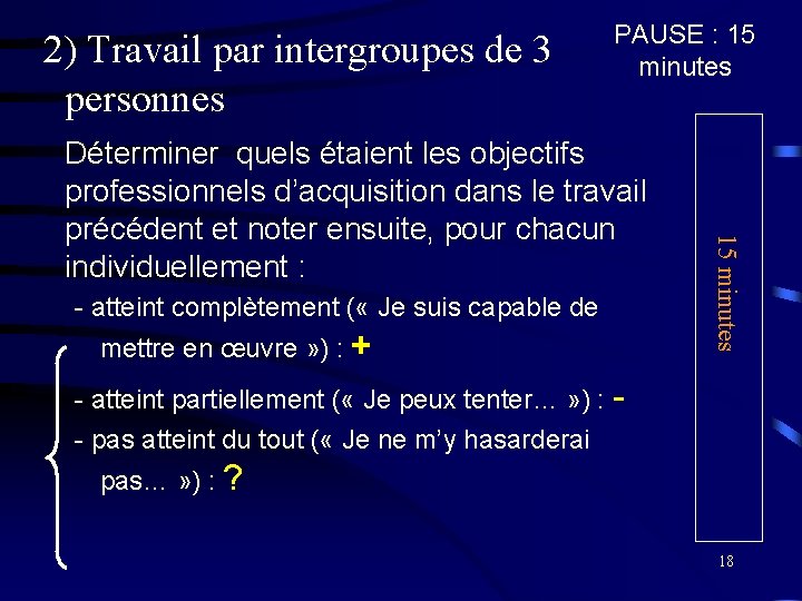  2) Travail par intergroupes de 3 personnes PAUSE : 15 minutes - atteint
