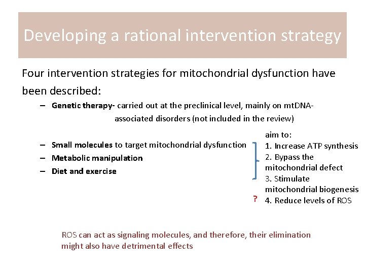 Developing a rational intervention strategy Four intervention strategies for mitochondrial dysfunction have been described: