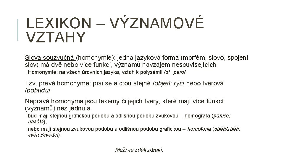 LEXIKON – VÝZNAMOVÉ VZTAHY Slova souzvučná (homonymie): jedna jazyková forma (morfém, slovo, spojení slov)