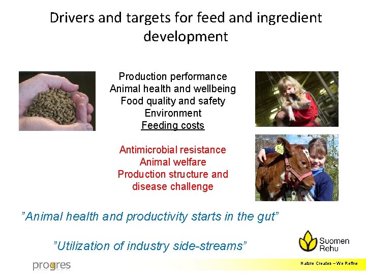 Drivers and targets for feed and ingredient development Production performance Animal health and wellbeing