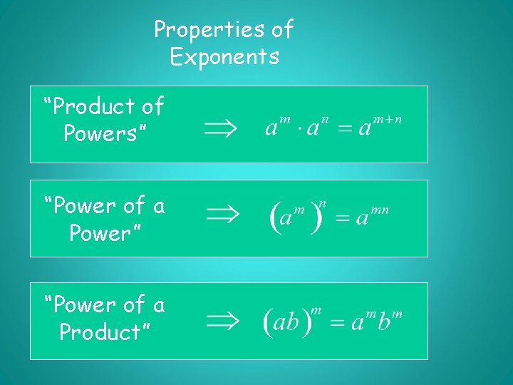 Properties of Exponents “Product of Powers” “Power of a Power” “Power of a Product”