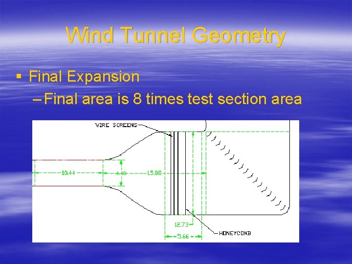Wind Tunnel Geometry § Final Expansion – Final area is 8 times test section