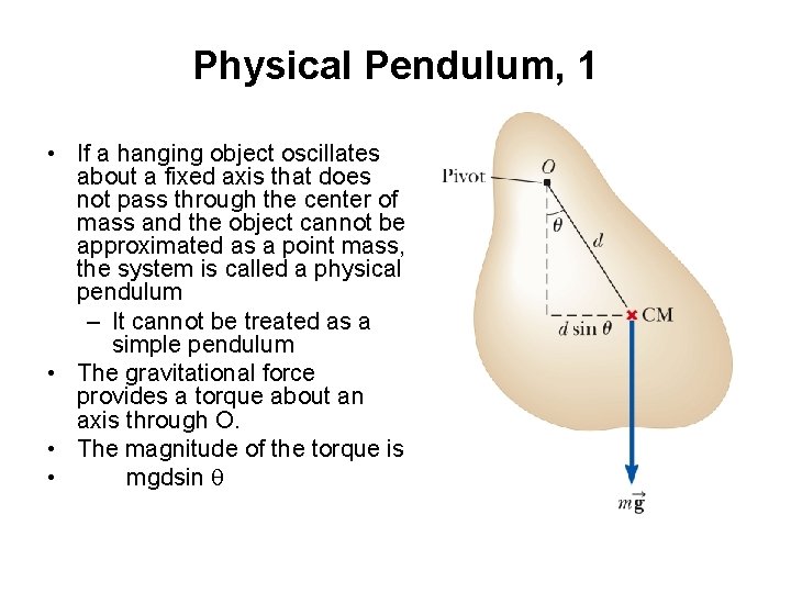Physical Pendulum, 1 • If a hanging object oscillates about a fixed axis that