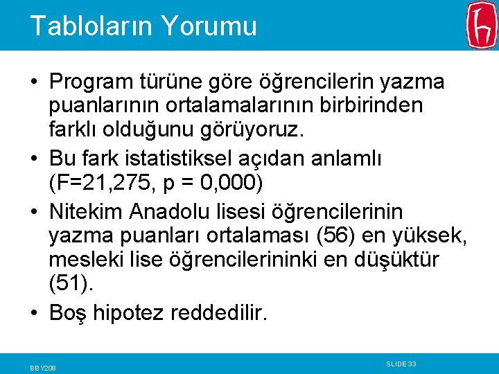 Tabloların Yorumu • Program türüne göre öğrencilerin yazma puanlarının ortalamalarının birbirinden farklı olduğunu görüyoruz.