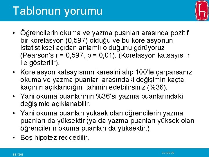 Tablonun yorumu • Öğrencilerin okuma ve yazma puanları arasında pozitif bir korelasyon (0, 597)