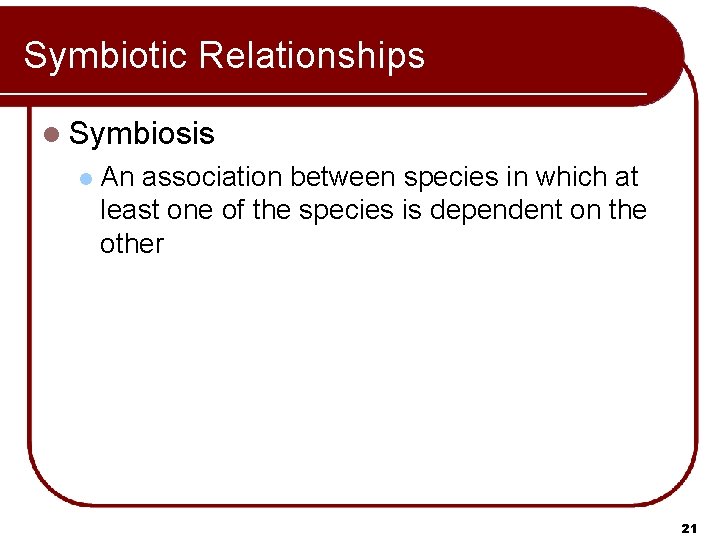 Symbiotic Relationships l Symbiosis l An association between species in which at least one