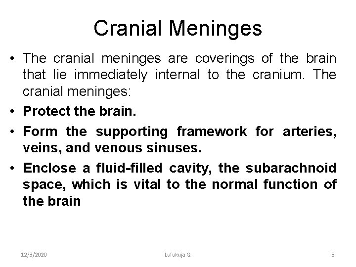 Cranial Meninges • The cranial meninges are coverings of the brain that lie immediately