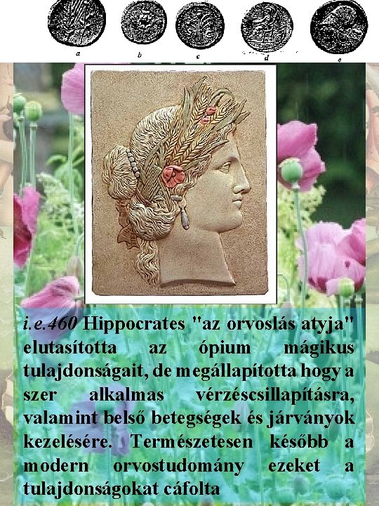 i. e. 460 Hippocrates "az orvoslás atyja" elutasította az ópium mágikus tulajdonságait, de megállapította