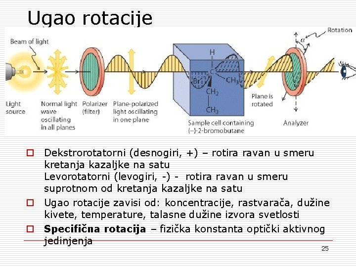 Ugao rotacije o Dekstrorotatorni (desnogiri, +) – rotira ravan u smeru kretanja kazaljke na