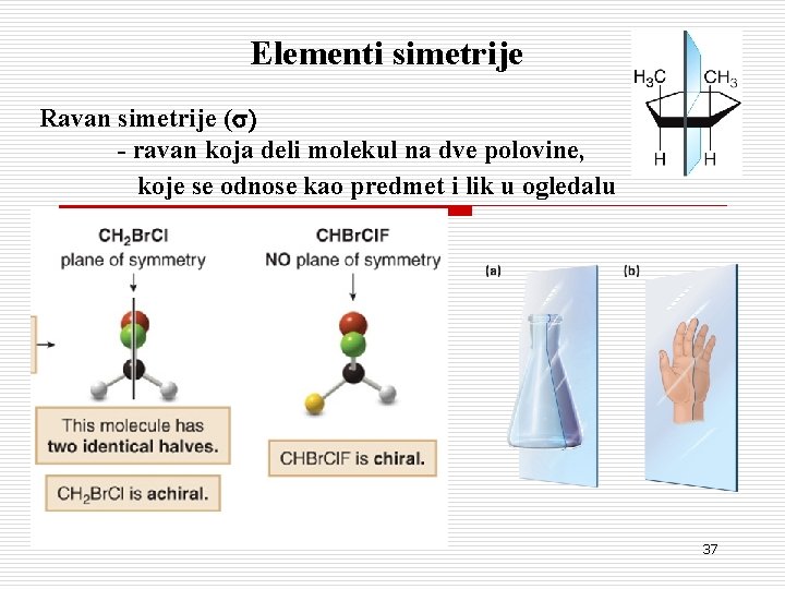 Elementi simetrije Ravan simetrije (s) - ravan koja deli molekul na dve polovine, koje