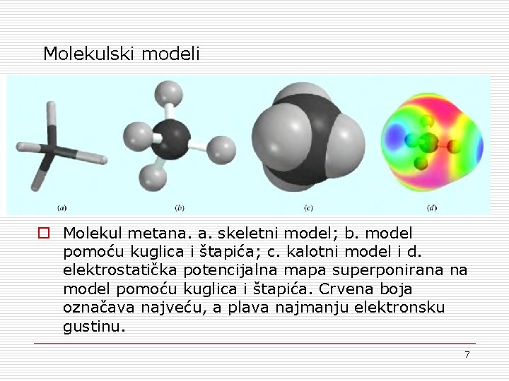 Molekulski modeli o Molekul metana. a. skeletni model; b. model pomoću kuglica i štapića;