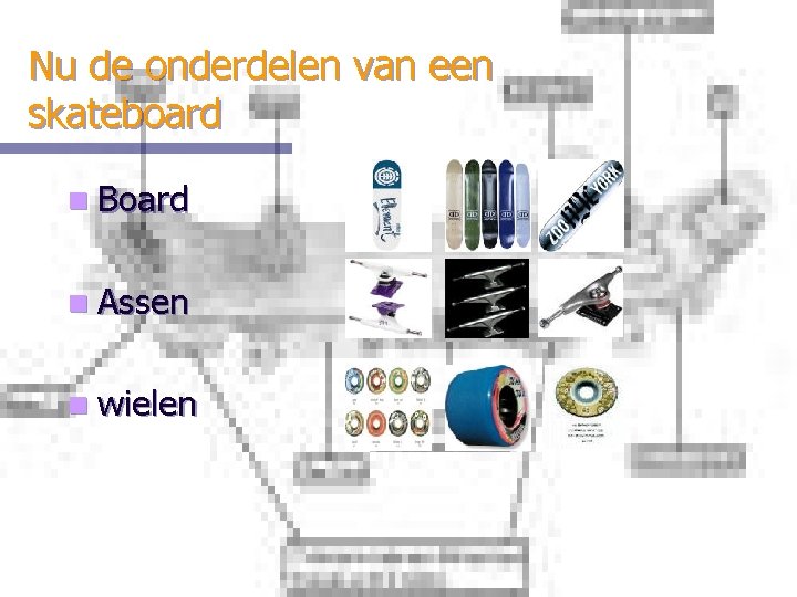 Nu de onderdelen van een skateboard n Board n Assen n wielen 