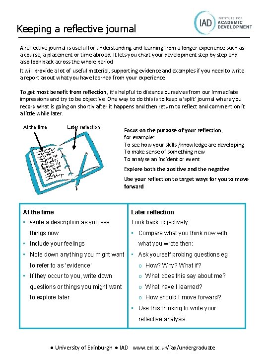 Keeping a reflective journal A reflective journal is useful for understanding and learning from