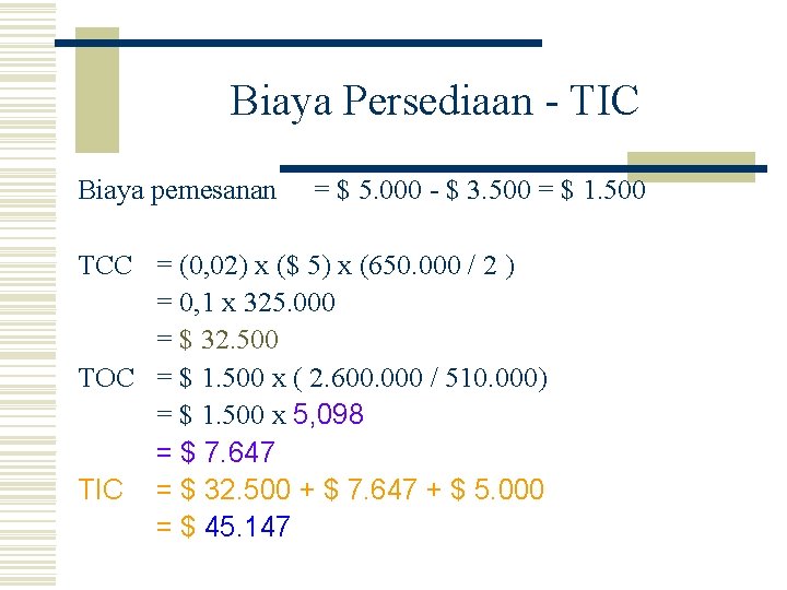 Biaya Persediaan - TIC Biaya pemesanan = $ 5. 000 - $ 3. 500