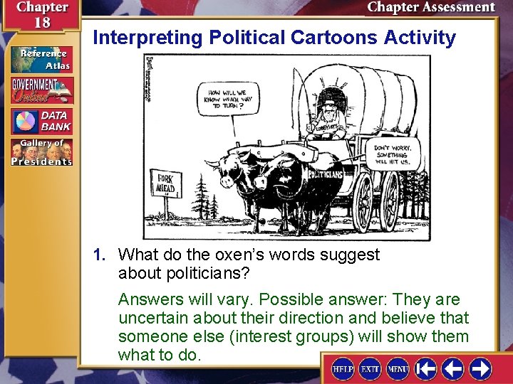 Interpreting Political Cartoons Activity 1. What do the oxen’s words suggest about politicians? Answers