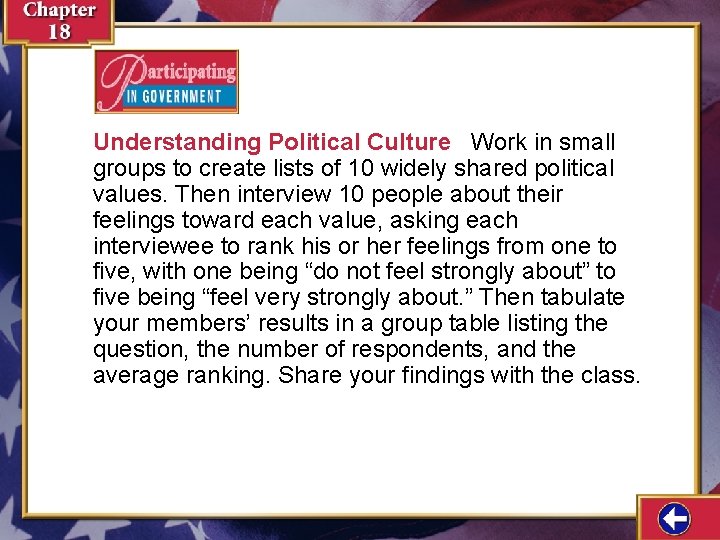 Understanding Political Culture Work in small groups to create lists of 10 widely shared