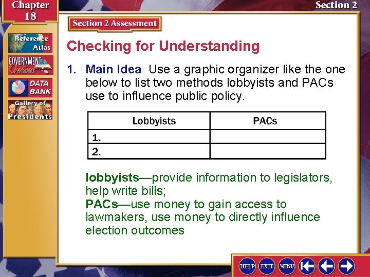 Checking for Understanding 1. Main Idea Use a graphic organizer like the one below